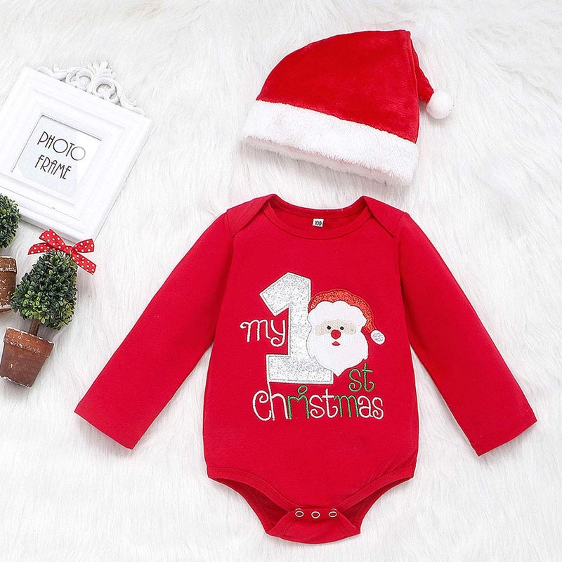 Arleysh Christmas Outfits Baby Boys Girls My 1st Christmas Santa Claus Rompers Bodysuit Pants with Christmas Hat 3 Pcs (0-3 Months, Red) - Image 2